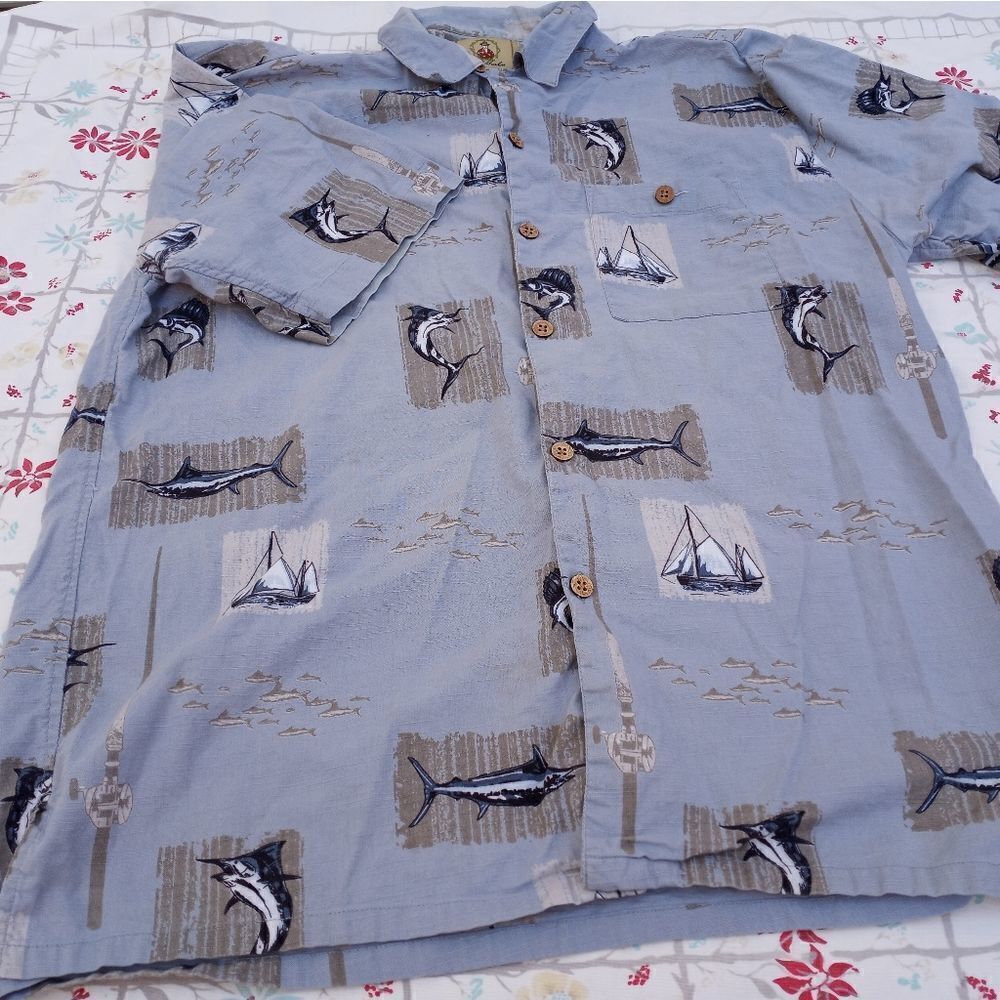 Joe Marlin Mens Shirt Hawaiian Summer Short Sleeve Button Up Blue Multi Size XL.